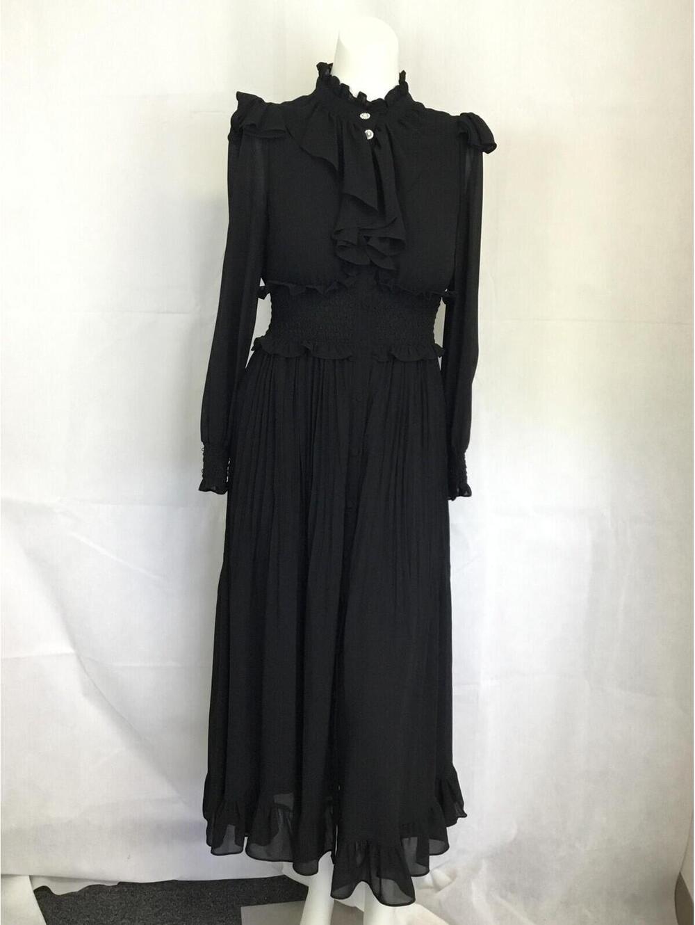[371]DIDACHARM Dress Womens S Black Ruffle High Neck Smocked Maxi Chiffon Formal